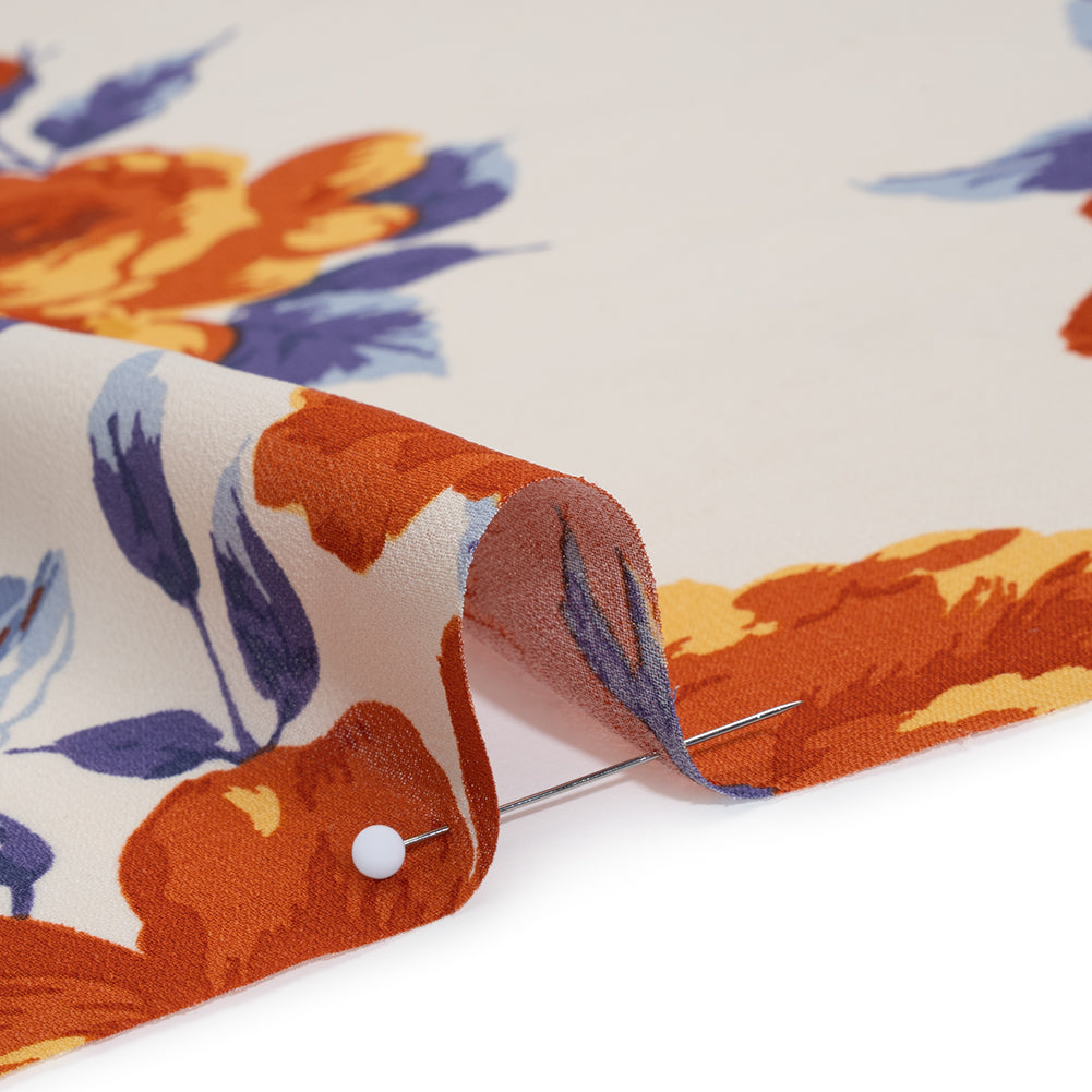 Viscose Georgette Print by The Reformation - Burnt Autumn Orange, Cornflower Yellow and Ripe Plum Purple Floral - Deadstock - Detail Viscose Georgette Print by The Reformation - Burnt Autumn Orange, Cornflower Yellow and Ripe Plum Purple Floral - Deadstock - Detail