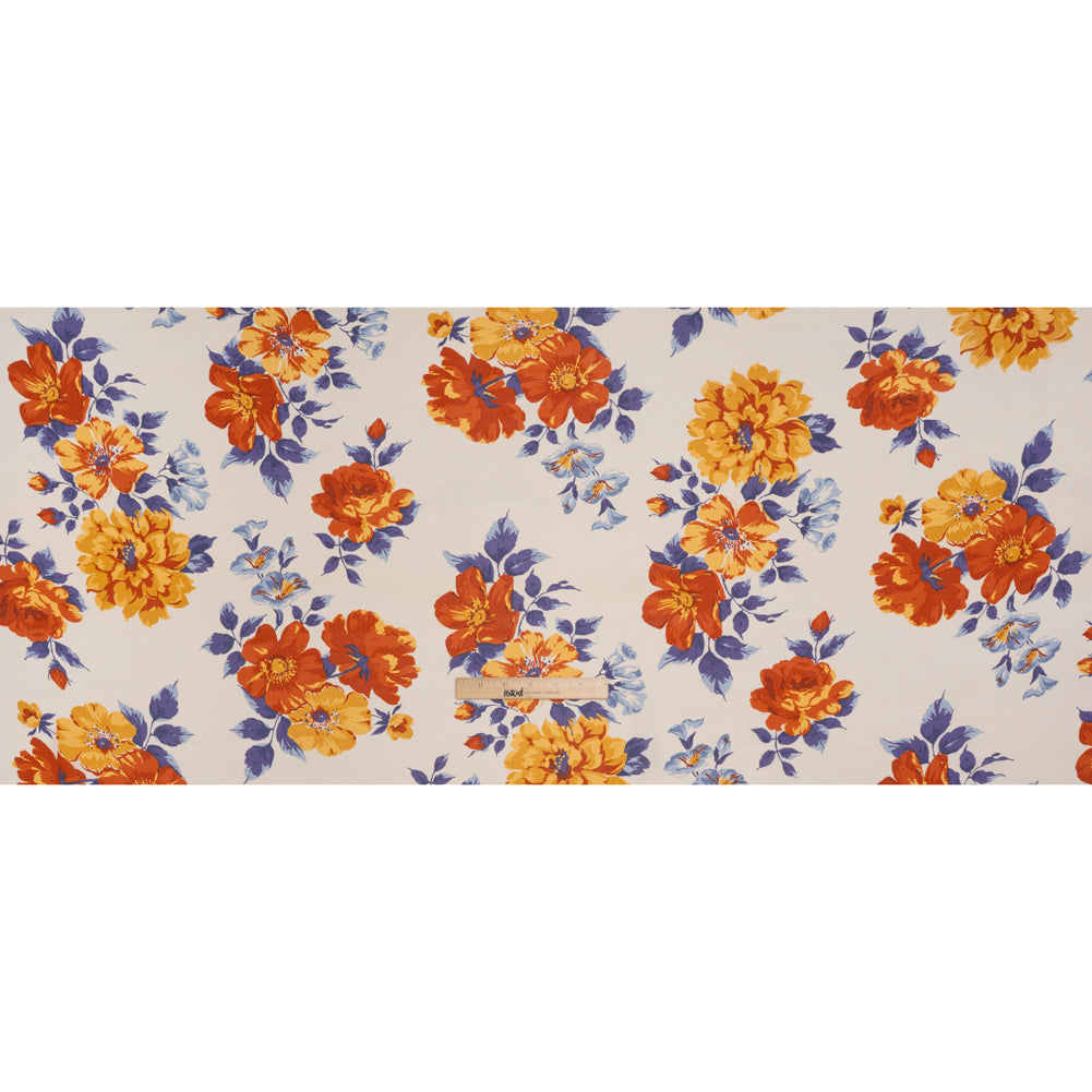 Viscose Georgette Print by The Reformation - Burnt Autumn Orange, Cornflower Yellow and Ripe Plum Purple Floral - Deadstock - Full Viscose Georgette Print by The Reformation - Burnt Autumn Orange, Cornflower Yellow and Ripe Plum Purple Floral - Deadstock - Full