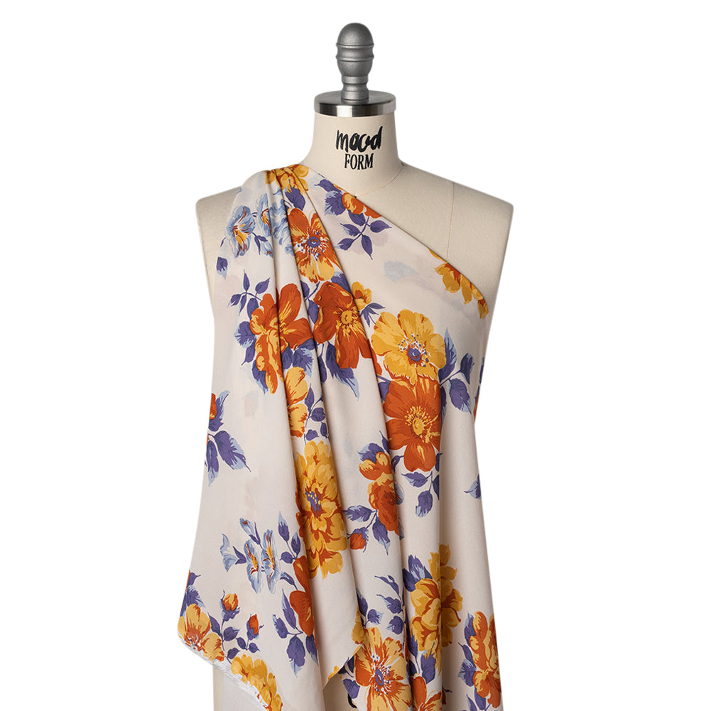 Viscose Georgette Print by The Reformation - Burnt Autumn Orange, Cornflower Yellow and Ripe Plum Purple Floral - Deadstock - Drape Viscose Georgette Print by The Reformation - Burnt Autumn Orange, Cornflower Yellow and Ripe Plum Purple Floral - Deadstock - Drape