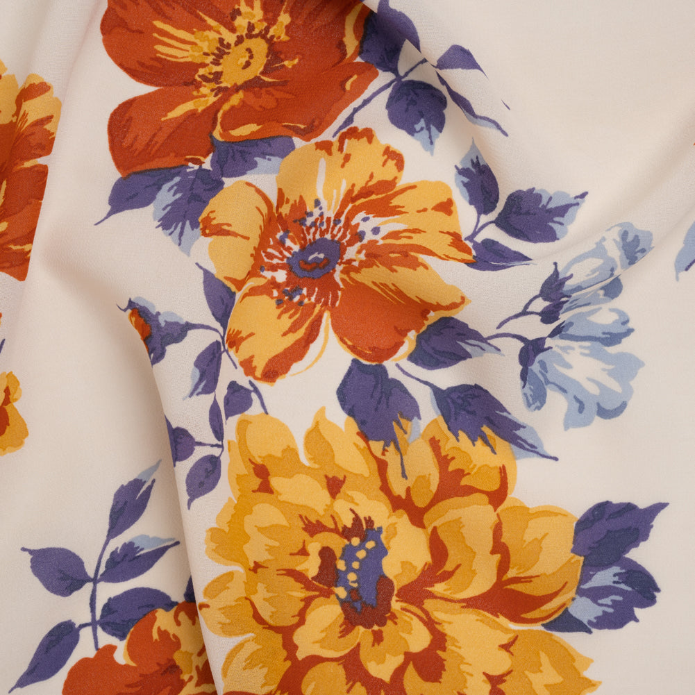 Viscose Georgette Print by The Reformation - Burnt Autumn Orange, Cornflower Yellow and Ripe Plum Purple Floral - Deadstock Viscose Georgette Print by The Reformation - Burnt Autumn Orange, Cornflower Yellow and Ripe Plum Purple Floral - Deadstock