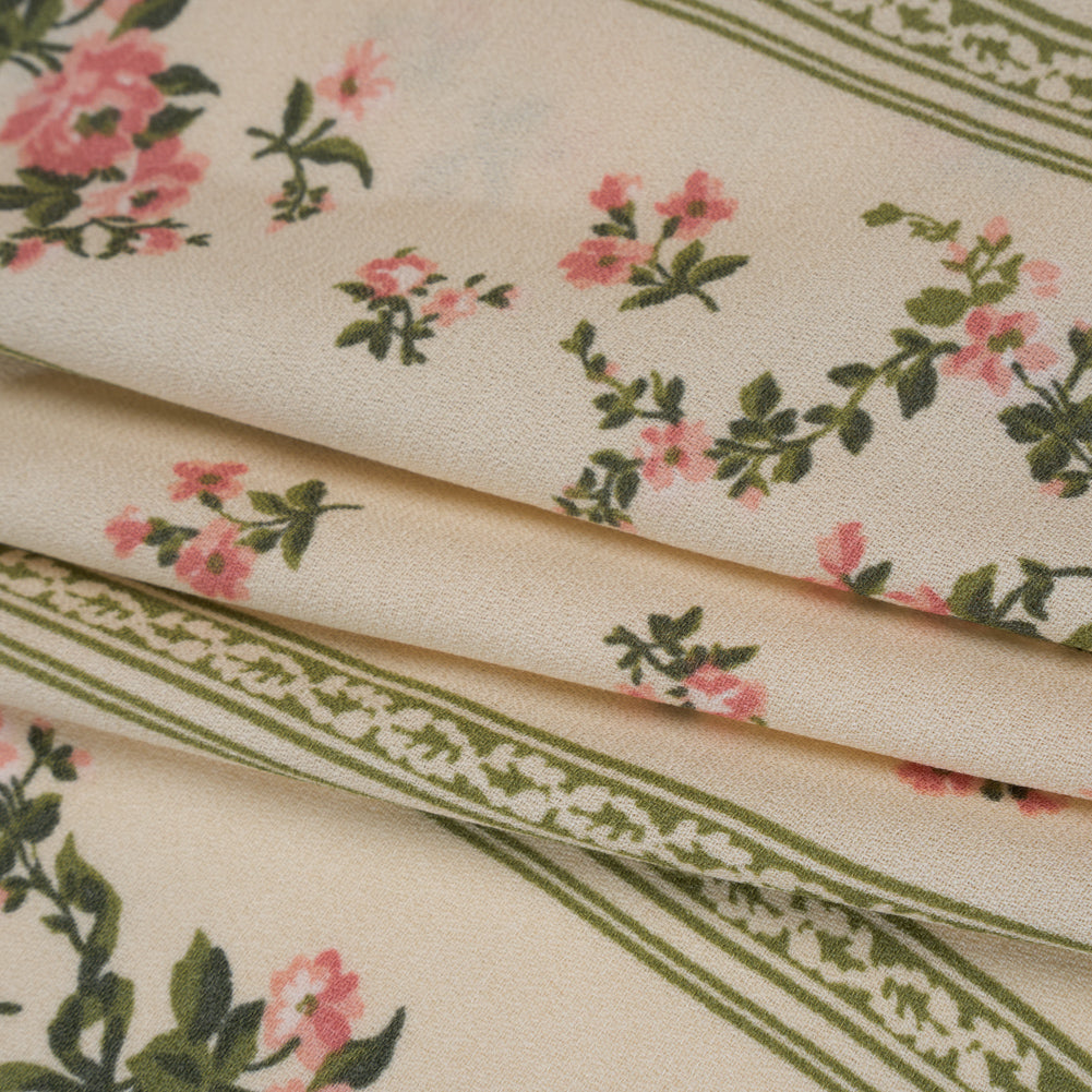 Sustainable Viscose Crepe Print - Dusty Pink and Moss Green Antique Floral and Stripes - Designer Deadstock - Folded Sustainable Viscose Crepe Print - Dusty Pink and Moss Green Antique Floral and Stripes - Designer Deadstock - Folded