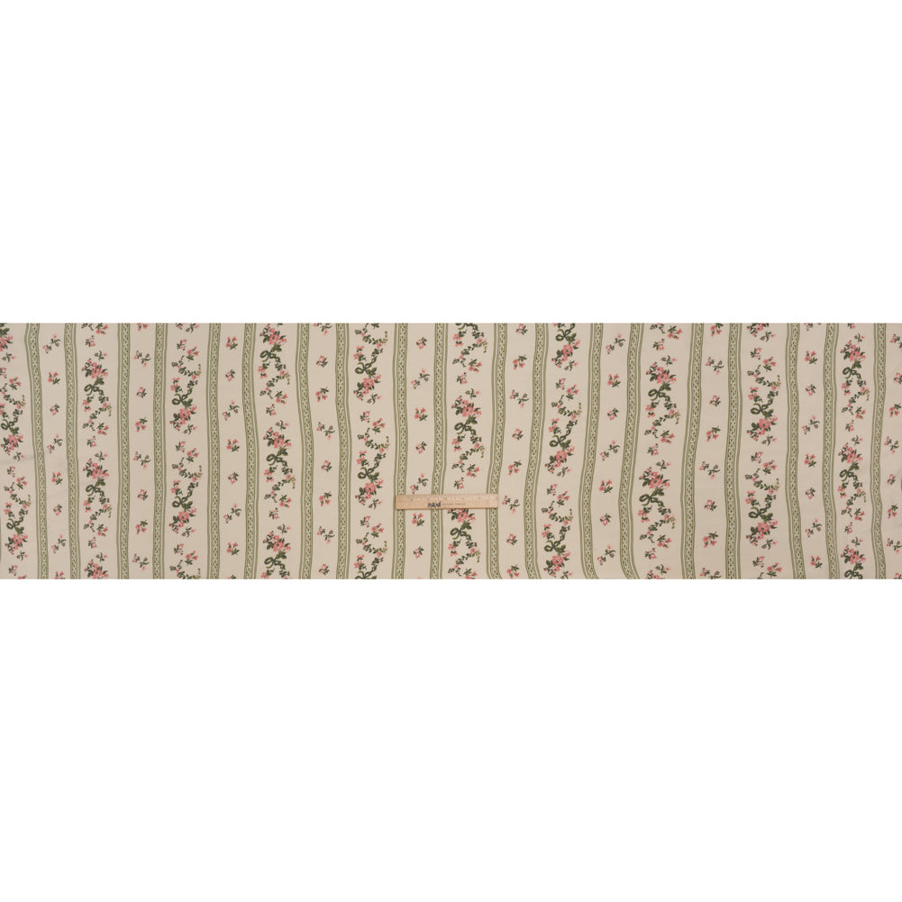 Sustainable Viscose Crepe Print - Dusty Pink and Moss Green Antique Floral and Stripes - Designer Deadstock - Full Sustainable Viscose Crepe Print - Dusty Pink and Moss Green Antique Floral and Stripes - Designer Deadstock - Full