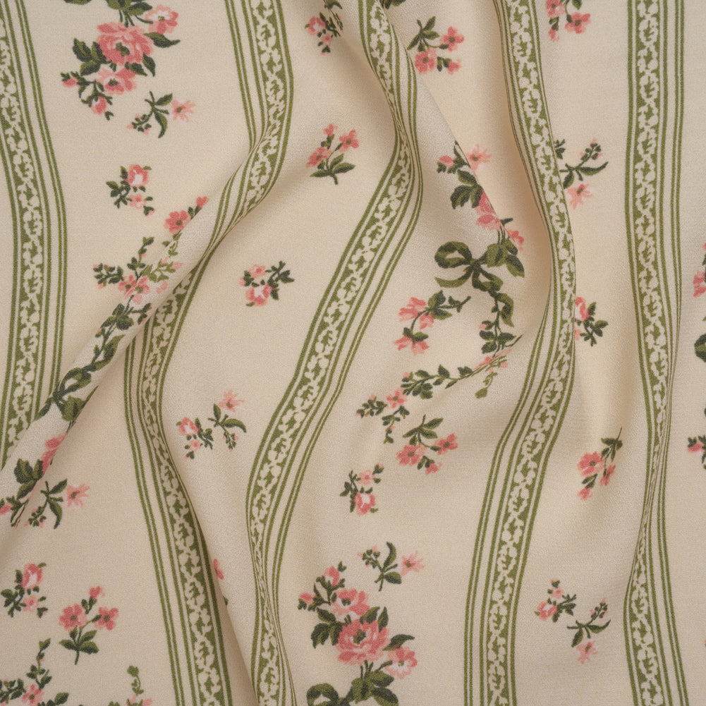 Sustainable Viscose Crepe Print - Dusty Pink and Moss Green Antique Floral and Stripes - Designer Deadstock Sustainable Viscose Crepe Print - Dusty Pink and Moss Green Antique Floral and Stripes - Designer Deadstock