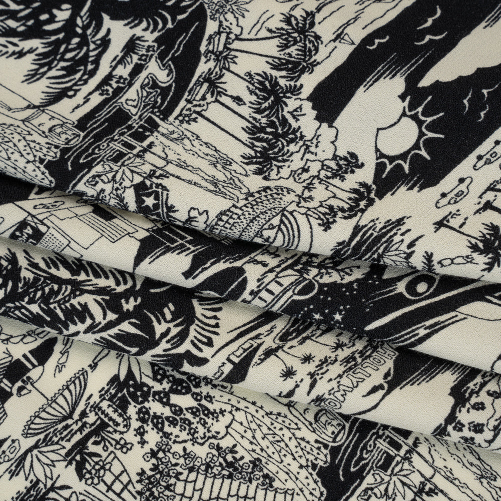 Sustainable Viscose Crepe Print - Black and White Los Angeles Landmarks Illustration - Designer Deadstock - Folded Sustainable Viscose Crepe Print - Black and White Los Angeles Landmarks Illustration - Designer Deadstock - Folded