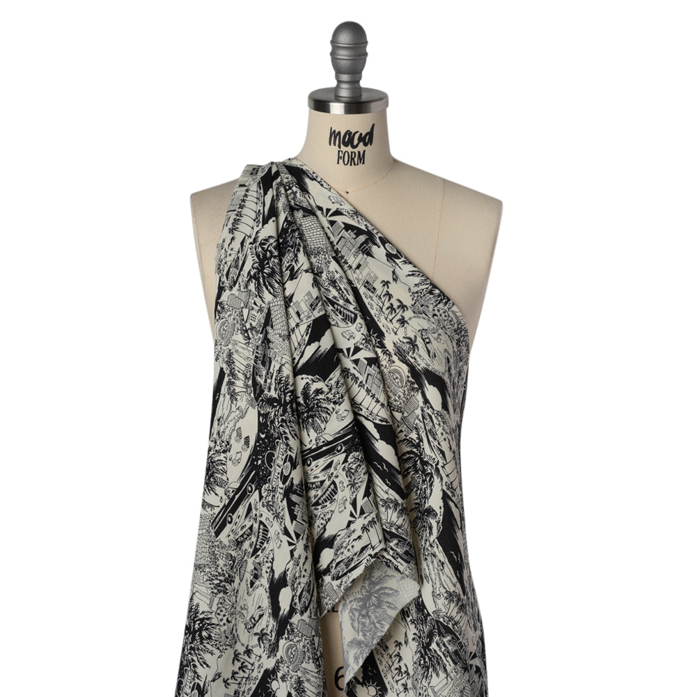Sustainable Viscose Crepe Print - Black and White Los Angeles Landmarks Illustration - Designer Deadstock - Drape Sustainable Viscose Crepe Print - Black and White Los Angeles Landmarks Illustration - Designer Deadstock - Drape