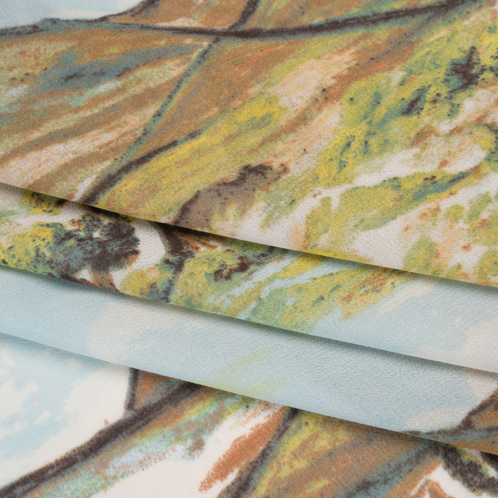Viscose Georgette Print - Sky Blue, Cinnamon Brown and Chartreuse Green Painterly Western Hills Landscape - Designer Deadstock - Folded Viscose Georgette Print - Sky Blue, Cinnamon Brown and Chartreuse Green Painterly Western Hills Landscape - Designer Deadstock - Folded