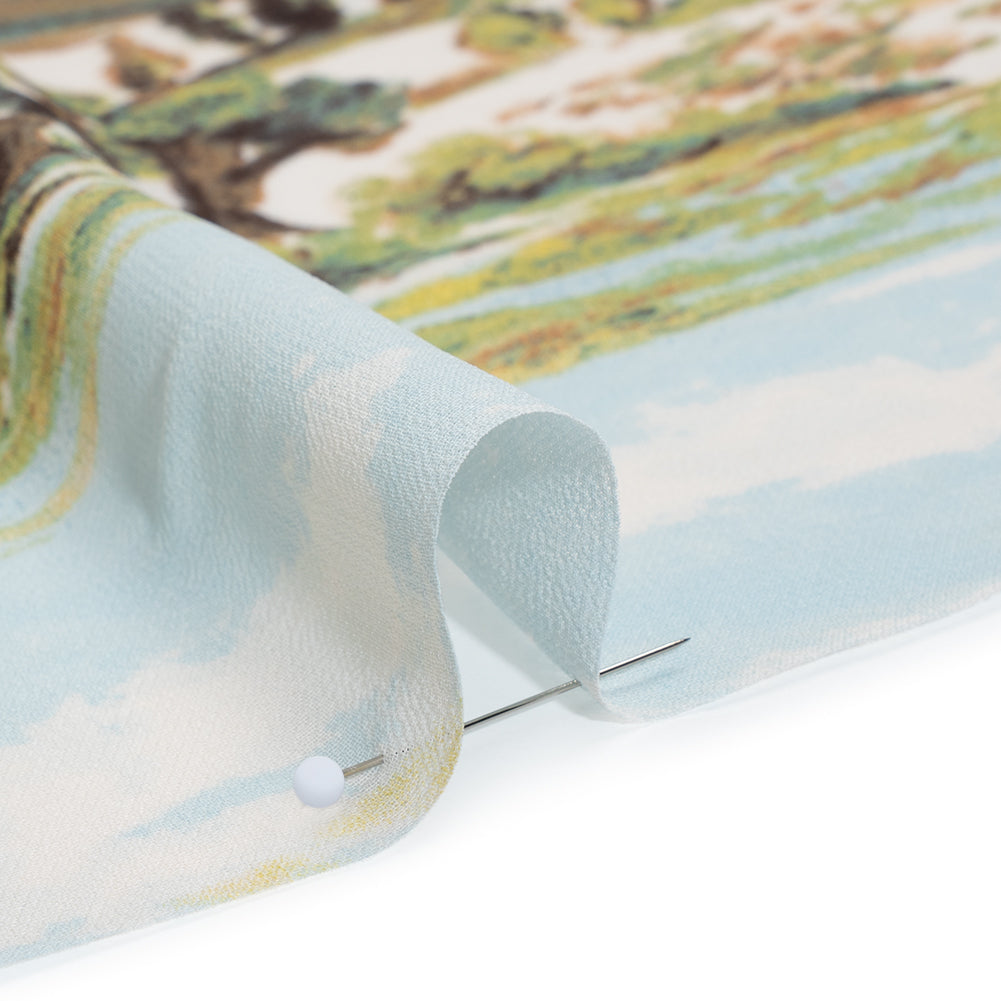 Viscose Georgette Print - Sky Blue, Cinnamon Brown and Chartreuse Green Painterly Western Hills Landscape - Designer Deadstock - Detail Viscose Georgette Print - Sky Blue, Cinnamon Brown and Chartreuse Green Painterly Western Hills Landscape - Designer Deadstock - Detail