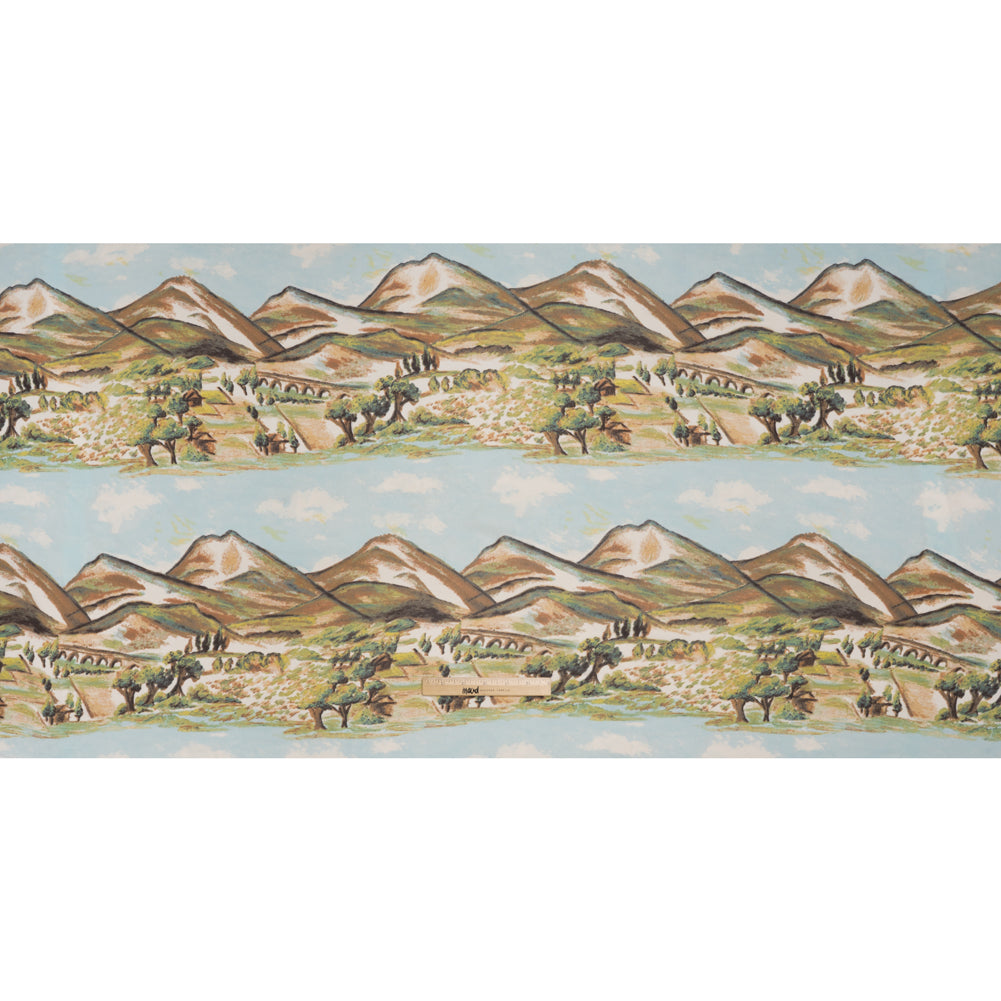 Viscose Georgette Print - Sky Blue, Cinnamon Brown and Chartreuse Green Painterly Western Hills Landscape - Designer Deadstock - Full Viscose Georgette Print - Sky Blue, Cinnamon Brown and Chartreuse Green Painterly Western Hills Landscape - Designer Deadstock - Full
