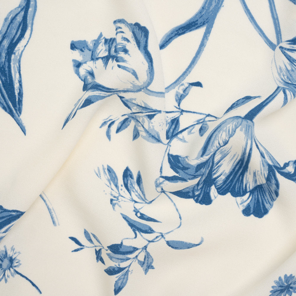 Sustainable Viscose Crepe Print - Denim Blue and White Large Tulip Floral - Designer Deadstock Sustainable Viscose Crepe Print - Denim Blue and White Large Tulip Floral - Designer Deadstock