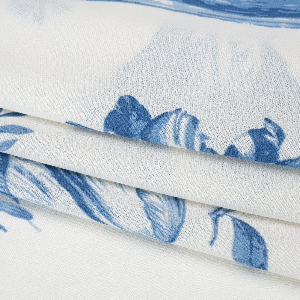 Viscose Georgette Print - Denim Blue and Cream Bold Tulip Floral - Designer Deadstock - Folded Viscose Georgette Print - Denim Blue and Cream Bold Tulip Floral - Designer Deadstock - Folded