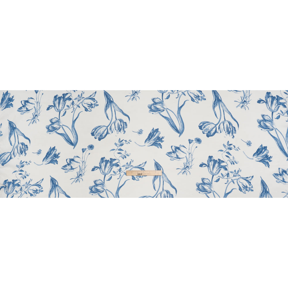 Viscose Georgette Print - Denim Blue and Cream Bold Tulip Floral - Designer Deadstock - Full Viscose Georgette Print - Denim Blue and Cream Bold Tulip Floral - Designer Deadstock - Full