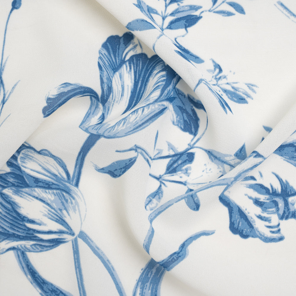 Viscose Georgette Print - Denim Blue and Cream Bold Tulip Floral - Designer Deadstock Viscose Georgette Print - Denim Blue and Cream Bold Tulip Floral - Designer Deadstock