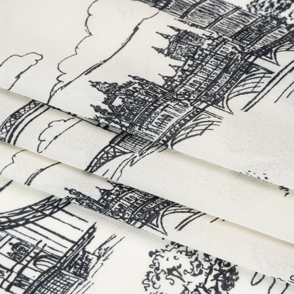 Viscose Georgette Print - Soft Black and Light Cream London Landmarks Illustration - Designer Deadstock - Folded Viscose Georgette Print - Soft Black and Light Cream London Landmarks Illustration - Designer Deadstock - Folded