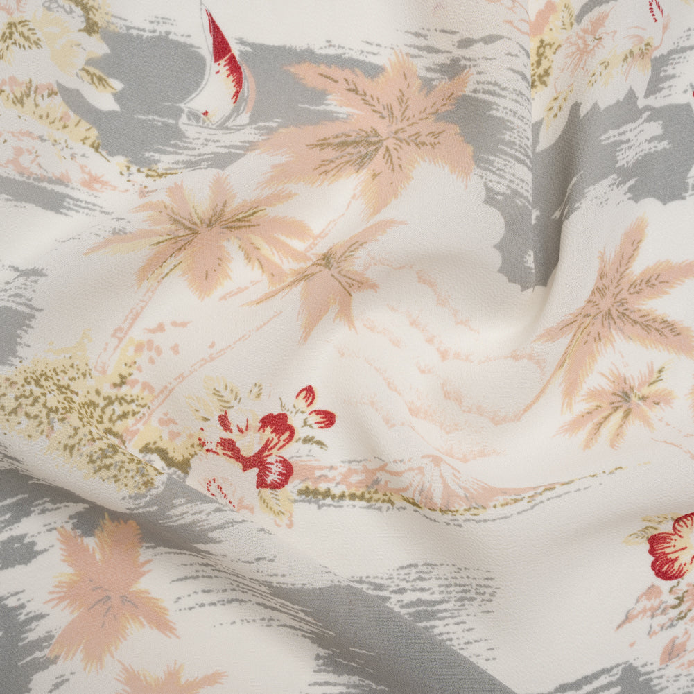 Viscose Georgette Print - Pale Pink, Cloudy Gray and Soft Butter Yellow Tropical Beach Illustration - Designer Deadstock Viscose Georgette Print - Pale Pink, Cloudy Gray and Soft Butter Yellow Tropical Beach Illustration - Designer Deadstock