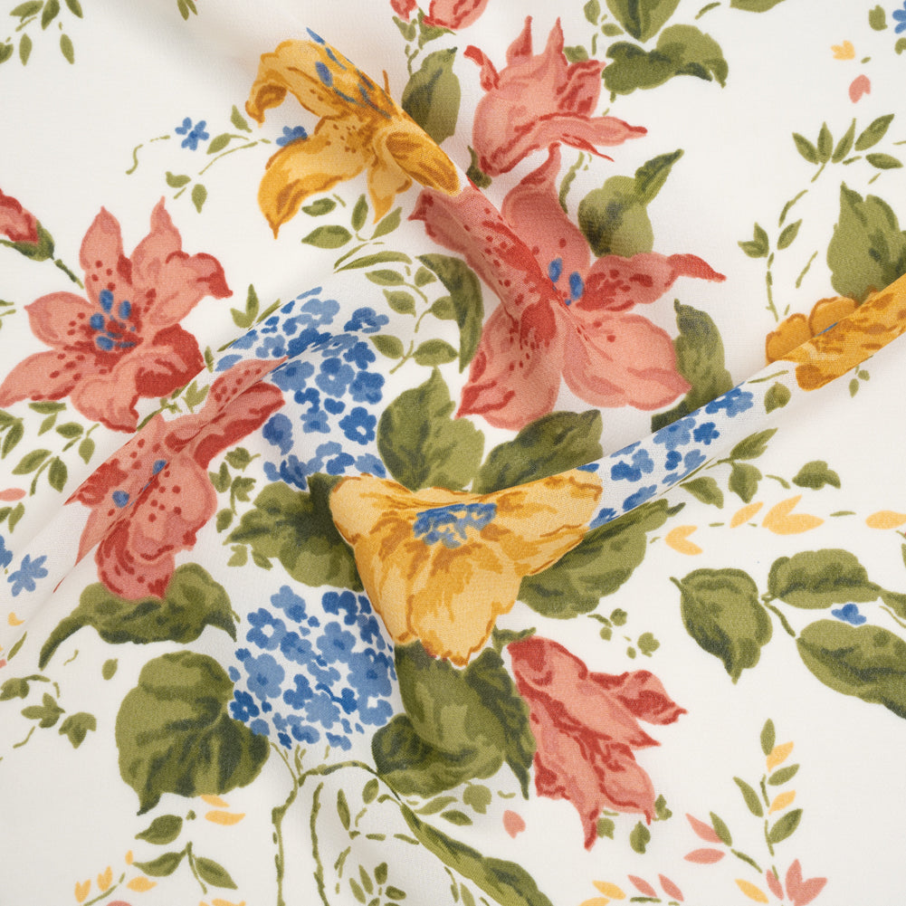 Viscose Georgette Print - Marigold Yellow, Salmon Pink and Sapphire Blue Floral - Designer Deadstock Viscose Georgette Print - Marigold Yellow, Salmon Pink and Sapphire Blue Floral - Designer Deadstock