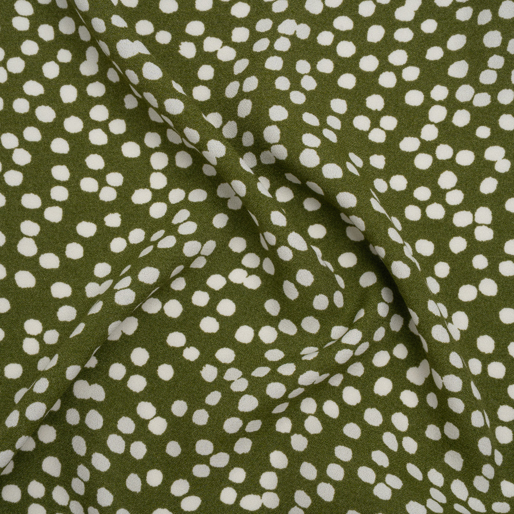 Sustainable Viscose Crepe Print - Moss Green and White Abstract Polka Dots - Designer Deadstock Sustainable Viscose Crepe Print - Moss Green and White Abstract Polka Dots - Designer Deadstock