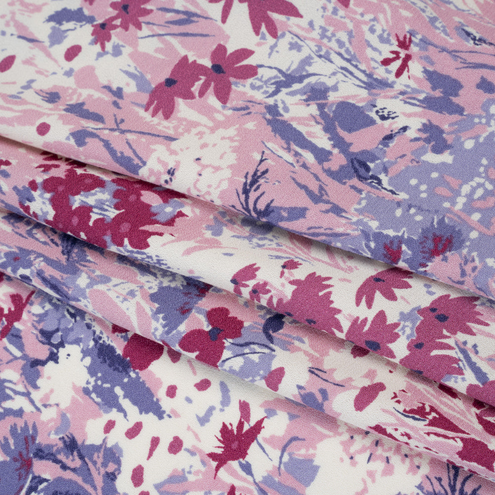 Sustainable Viscose Crepe Print - Blush Pink, Burgundy Red and Lilac Purple Painterly Abstract Floral - Designer Deadstock - Folded Sustainable Viscose Crepe Print - Blush Pink, Burgundy Red and Lilac Purple Painterly Abstract Floral - Designer Deadstock - Folded