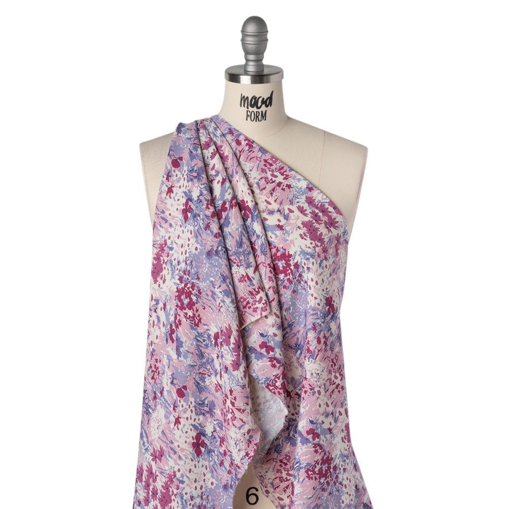 Sustainable Viscose Crepe Print - Blush Pink, Burgundy Red and Lilac Purple Painterly Abstract Floral - Designer Deadstock - Drape Sustainable Viscose Crepe Print - Blush Pink, Burgundy Red and Lilac Purple Painterly Abstract Floral - Designer Deadstock - Drape