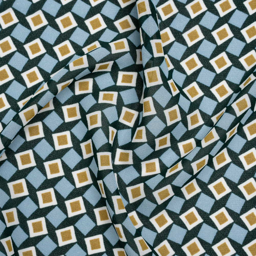 Viscose Georgette Print - Baby Blue, Dark Teal Green and Mustard Gold Geometric Mosaic - Designer Deadstock Viscose Georgette Print - Baby Blue, Dark Teal Green and Mustard Gold Geometric Mosaic - Designer Deadstock