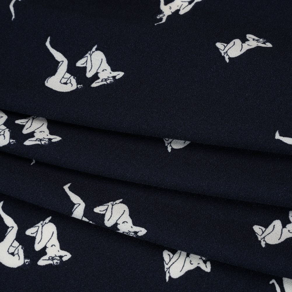 Sustainable Viscose Crepe Print - Dark Navy and White Human Figures Illustration - Designer Deadstock - Folded Sustainable Viscose Crepe Print - Dark Navy and White Human Figures Illustration - Designer Deadstock - Folded