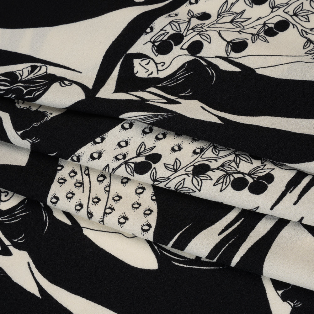 Sustainable Viscose Crepe Print - Black and White Greek Goddess Illustration - Designer Deadstock - Folded Sustainable Viscose Crepe Print - Black and White Greek Goddess Illustration - Designer Deadstock - Folded
