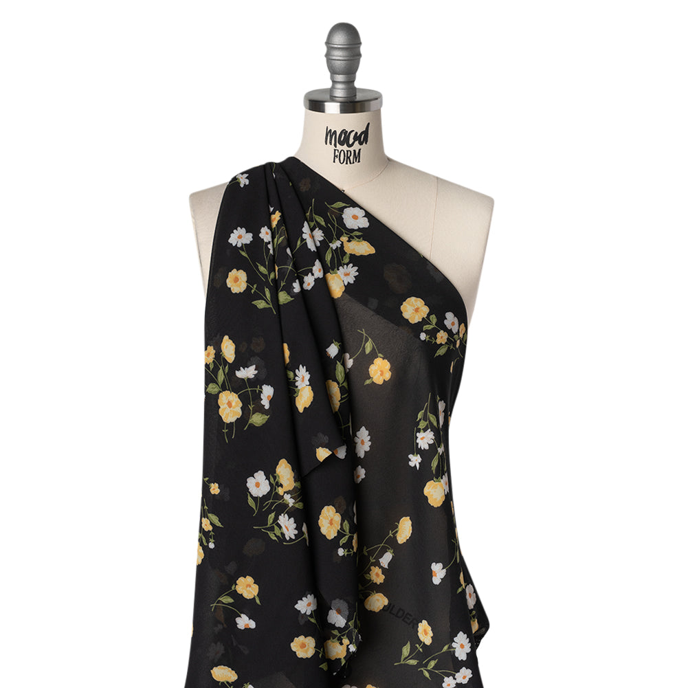 Viscose Georgette Print - Canary Yellow, White and Black Floral - Designer Deadstock - Drape Viscose Georgette Print - Canary Yellow, White and Black Floral - Designer Deadstock - Drape