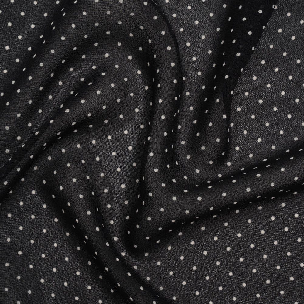 Viscose Georgette Print - Ink Black and Cream Swiss Dots - Designer Deadstock Viscose Georgette Print - Ink Black and Cream Swiss Dots - Designer Deadstock