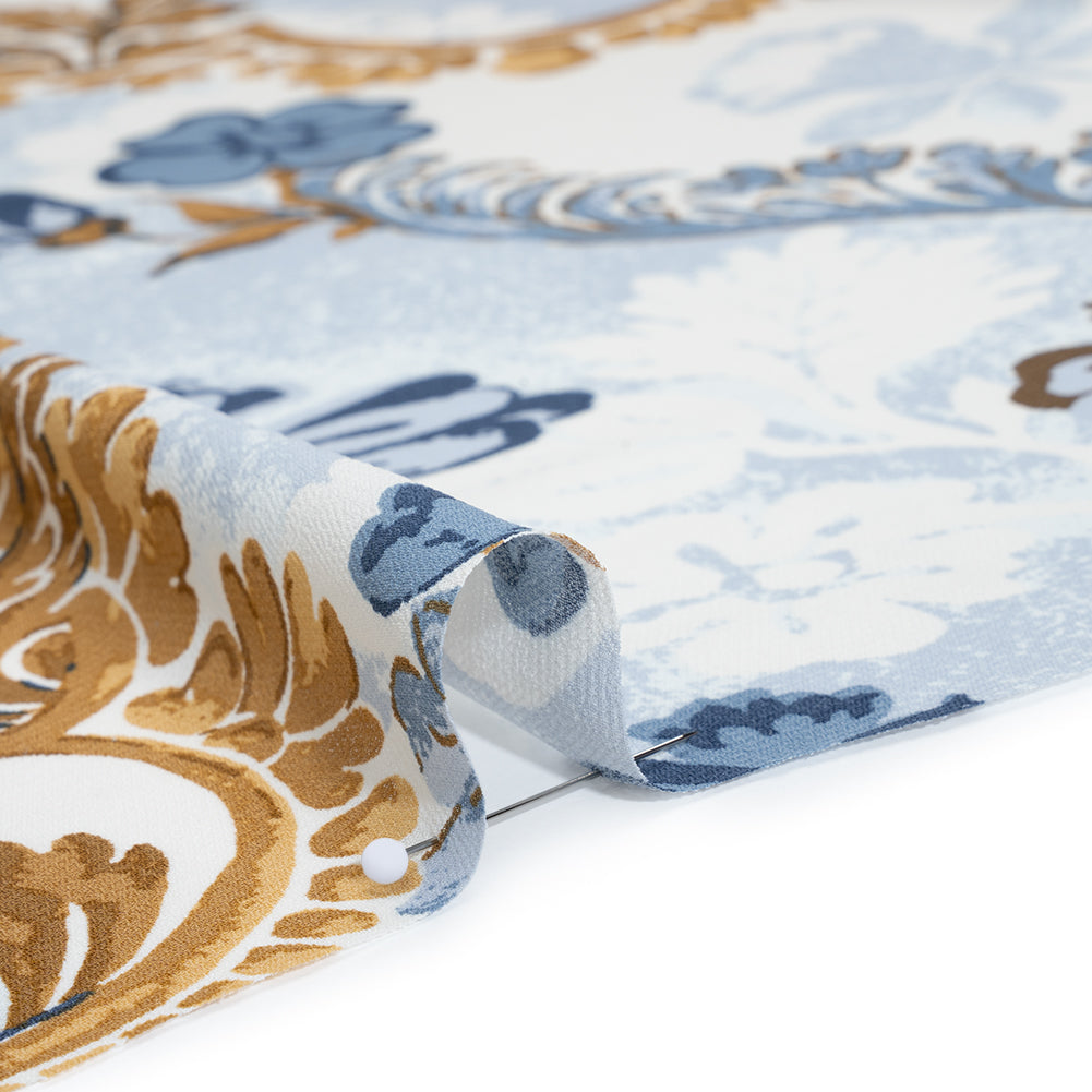 Viscose Georgette Print - Antique Gold, Marble Blue and Off White Floral Damask - Designer Deadstock - Detail Viscose Georgette Print - Antique Gold, Marble Blue and Off White Floral Damask - Designer Deadstock - Detail