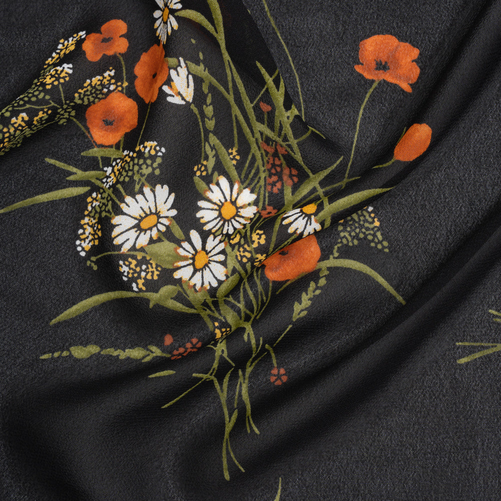 Viscose Georgette Print - Terracotta Orange, Black and Moss Green Wildflower Floral - Designer Deadstock Viscose Georgette Print - Terracotta Orange, Black and Moss Green Wildflower Floral - Designer Deadstock