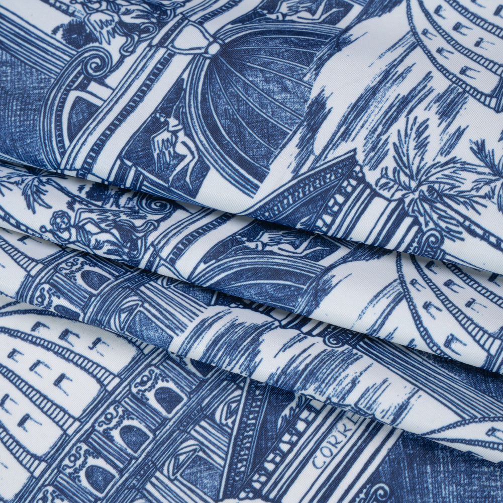 Stretch Econyl Nylon Jersey Print by The Reformation - Denim Blue and White Traditional Roman Architecture Illustration - Deadstock - Folded Stretch Econyl Nylon Jersey Print by The Reformation - Denim Blue and White Traditional Roman Architecture Illustration - Deadstock - Folded