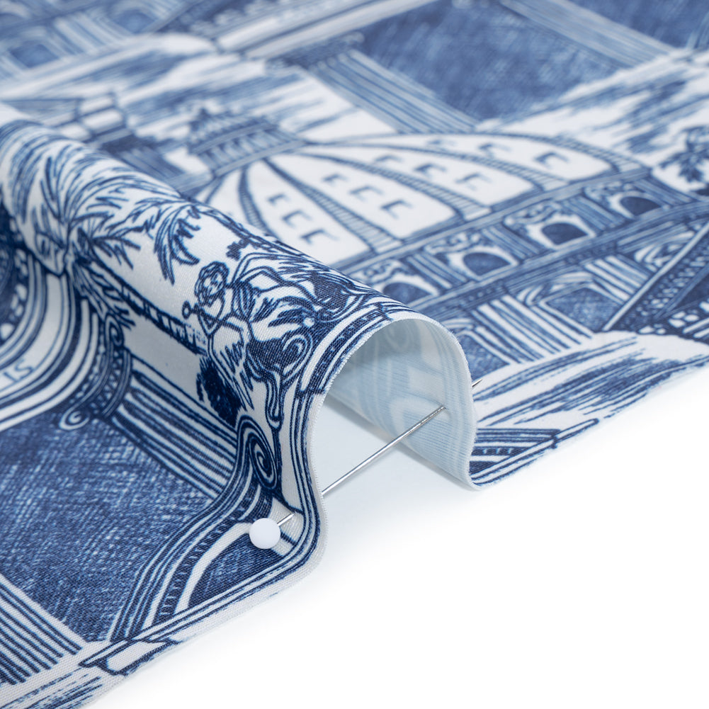 Stretch Econyl Nylon Jersey Print by The Reformation - Denim Blue and White Traditional Roman Architecture Illustration - Deadstock - Detail Stretch Econyl Nylon Jersey Print by The Reformation - Denim Blue and White Traditional Roman Architecture Illustration - Deadstock - Detail