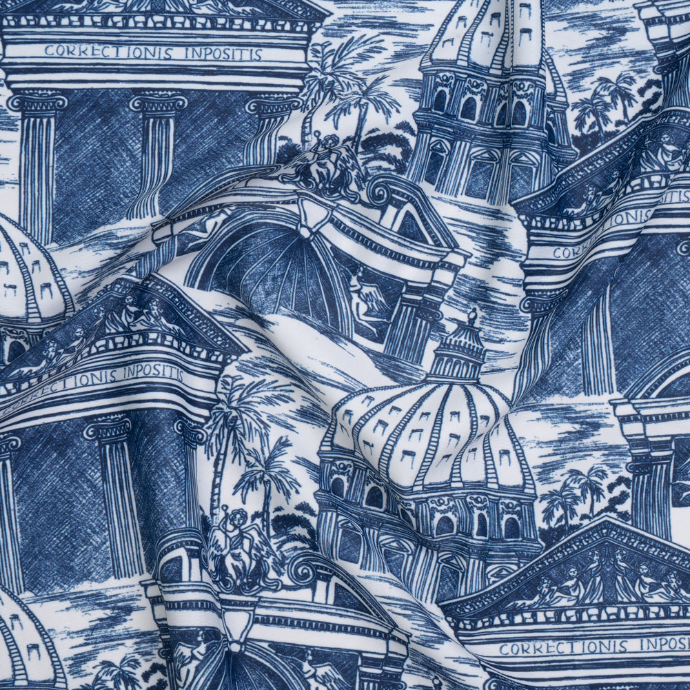 Stretch Econyl Nylon Jersey Print by The Reformation - Denim Blue and White Traditional Roman Architecture Illustration - Deadstock Stretch Econyl Nylon Jersey Print by The Reformation - Denim Blue and White Traditional Roman Architecture Illustration - Deadstock