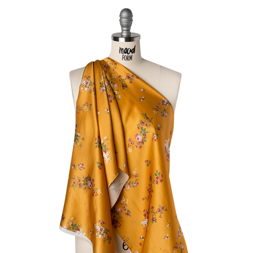 Silk Charmeuse Print by The Reformation - Harvest Gold Yellow, Blush Pink and Soft Red Floral - Deadstock - Drape Silk Charmeuse Print by The Reformation - Harvest Gold Yellow, Blush Pink and Soft Red Floral - Deadstock - Drape