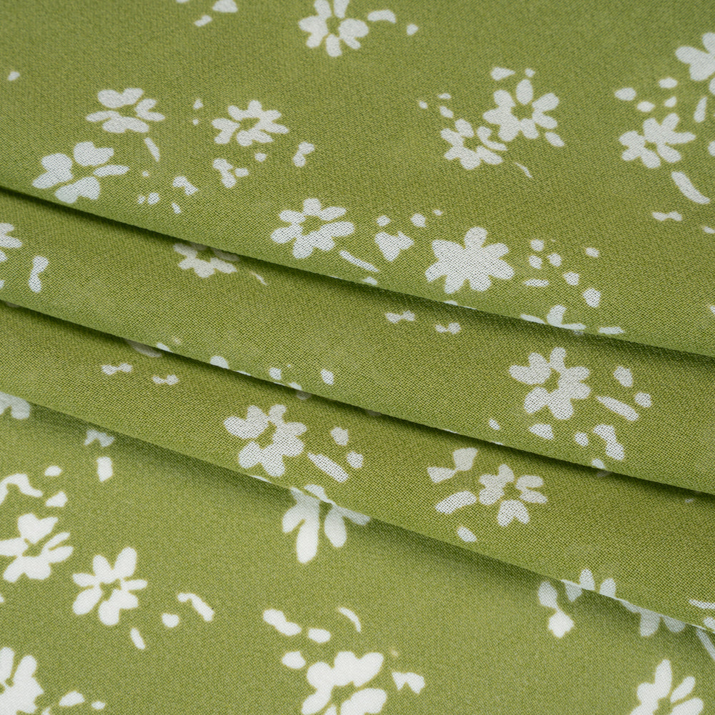 Viscose Georgette Print by The Reformation - Olive Green and White Painterly Abstract Floral - Deadstock - Folded Viscose Georgette Print by The Reformation - Olive Green and White Painterly Abstract Floral - Deadstock - Folded