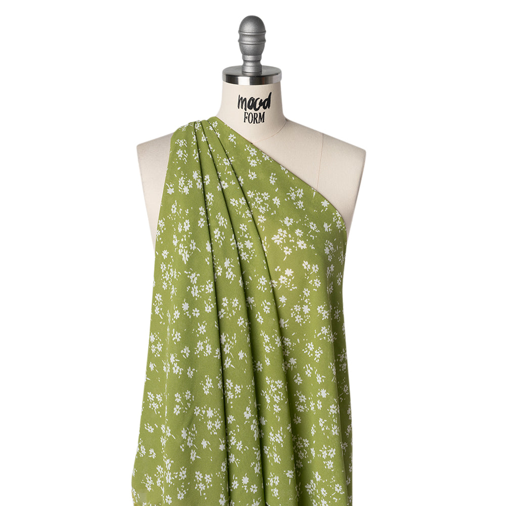 Viscose Georgette Print by The Reformation - Olive Green and White Painterly Abstract Floral - Deadstock - Drape Viscose Georgette Print by The Reformation - Olive Green and White Painterly Abstract Floral - Deadstock - Drape