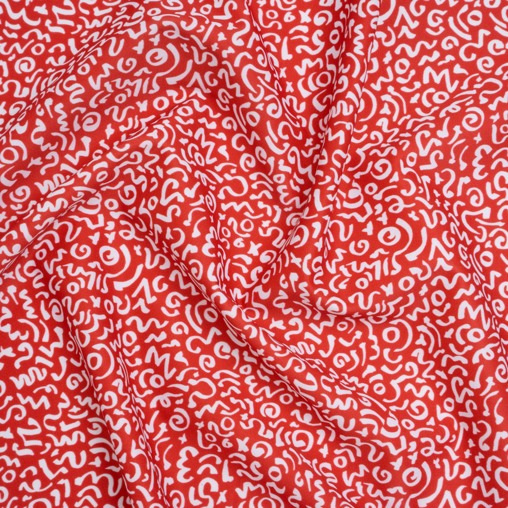 Stretch Econyl Nylon Jersey Print - Vivid Red and White Doodle Illustration - Designer Deadstock Stretch Econyl Nylon Jersey Print - Vivid Red and White Doodle Illustration - Designer Deadstock