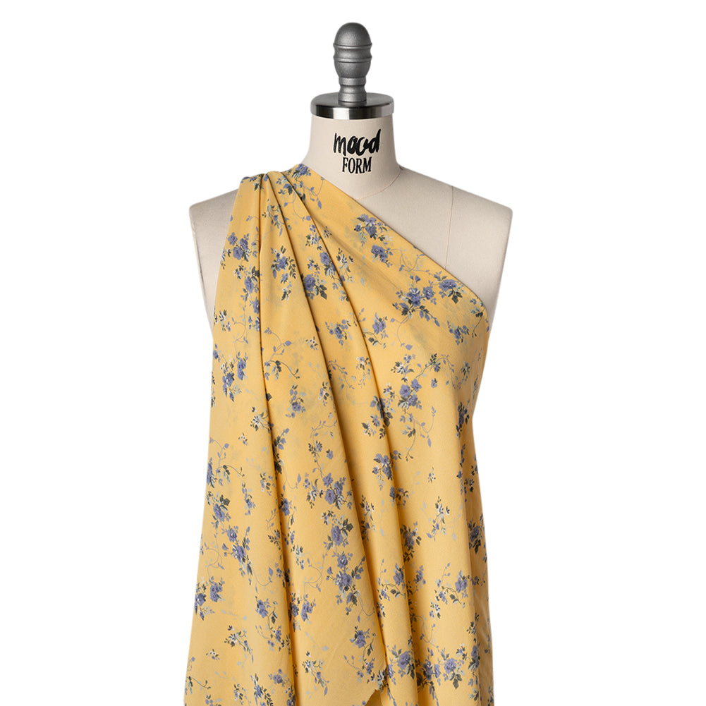 Viscose Georgette Print - Lilac Blue and Sunshine Yellow Floral - Designer Deadstock - Drape Viscose Georgette Print - Lilac Blue and Sunshine Yellow Floral - Designer Deadstock - Drape