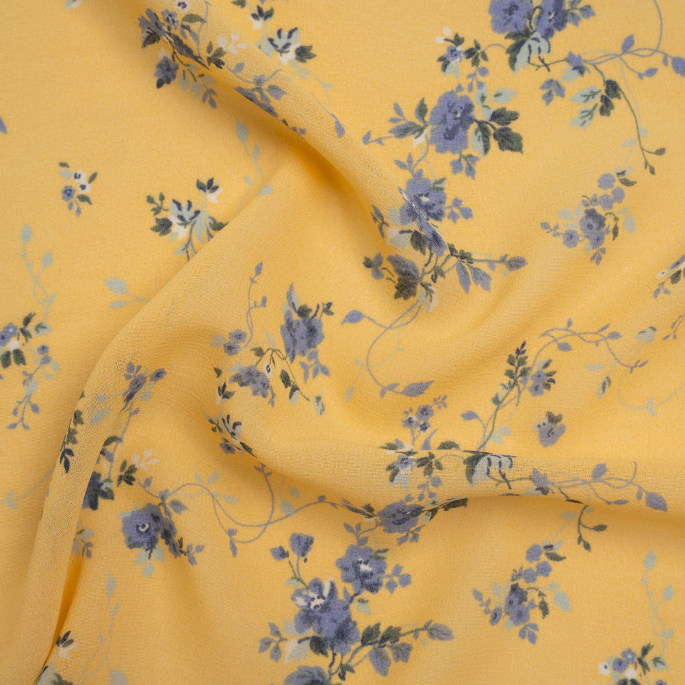 Viscose Georgette Print - Lilac Blue and Sunshine Yellow Floral - Designer Deadstock Viscose Georgette Print - Lilac Blue and Sunshine Yellow Floral - Designer Deadstock