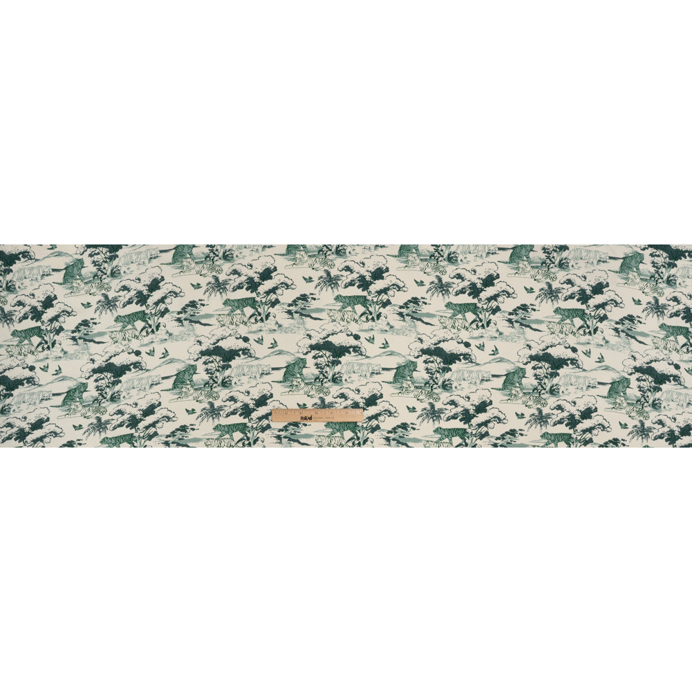 Sustainable Viscose Crepe Print - Green and Cream Tigers in Nature Illustration - Designer Deadstock - Full Sustainable Viscose Crepe Print - Green and Cream Tigers in Nature Illustration - Designer Deadstock - Full