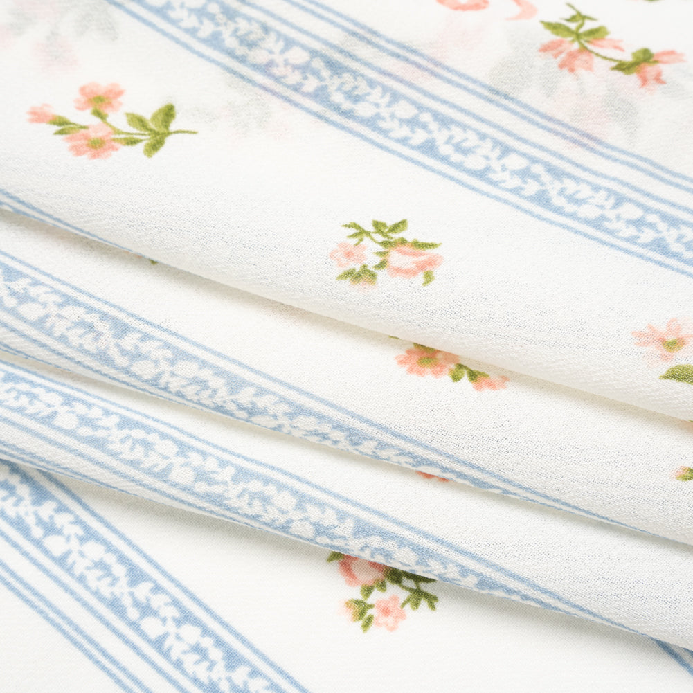 Viscose Georgette Print - Carnation Pink, Autumn Green and Powder Blue Floral and Stripes - Designer Deadstock - Folded Viscose Georgette Print - Carnation Pink, Autumn Green and Powder Blue Floral and Stripes - Designer Deadstock - Folded