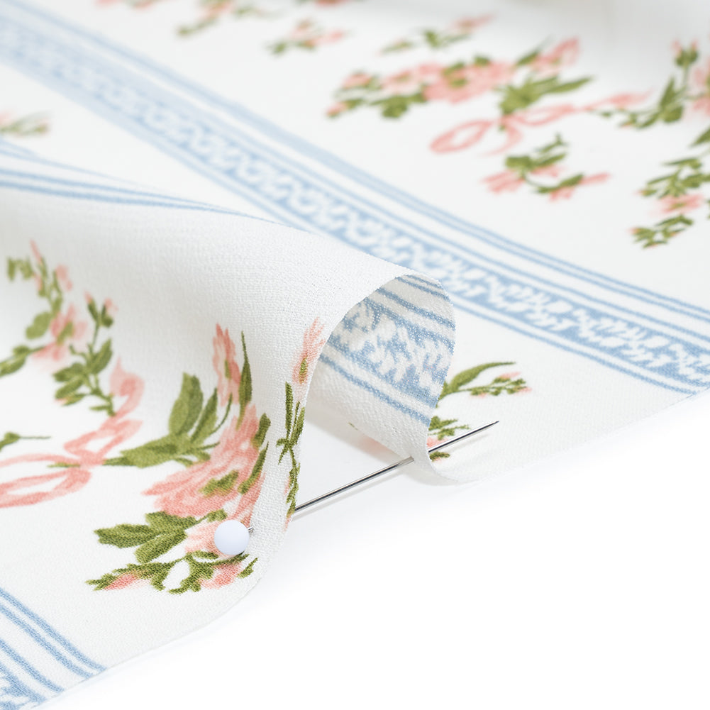 Viscose Georgette Print - Carnation Pink, Autumn Green and Powder Blue Floral and Stripes - Designer Deadstock - Detail Viscose Georgette Print - Carnation Pink, Autumn Green and Powder Blue Floral and Stripes - Designer Deadstock - Detail
