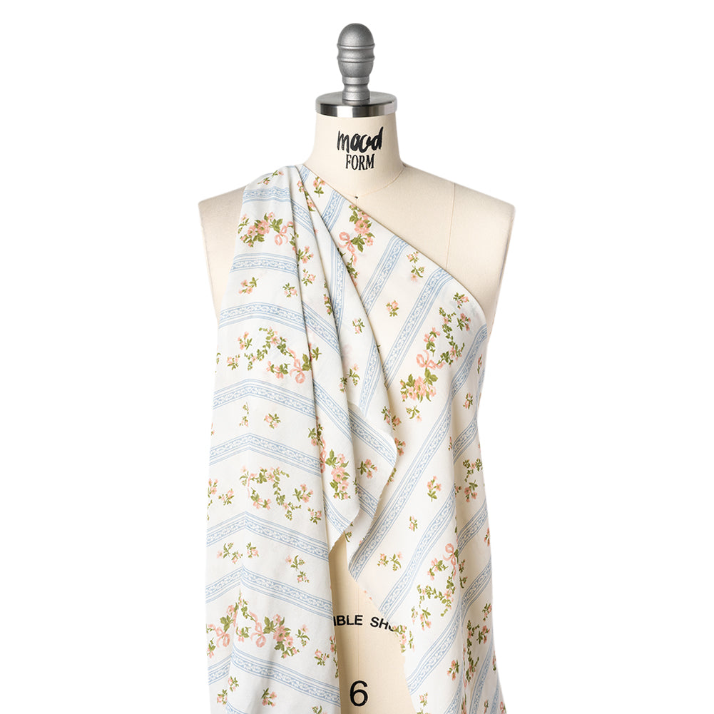 Viscose Georgette Print - Carnation Pink, Autumn Green and Powder Blue Floral and Stripes - Designer Deadstock - Drape Viscose Georgette Print - Carnation Pink, Autumn Green and Powder Blue Floral and Stripes - Designer Deadstock - Drape