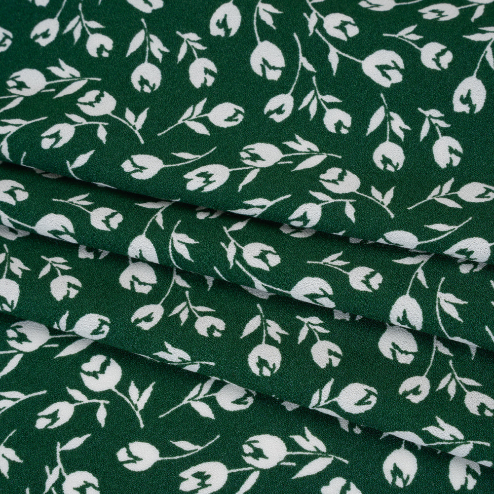 Sustainable Viscose Crepe Print - Forest Green and White Wispy Floral - Designer Deadstock - Folded Sustainable Viscose Crepe Print - Forest Green and White Wispy Floral - Designer Deadstock - Folded