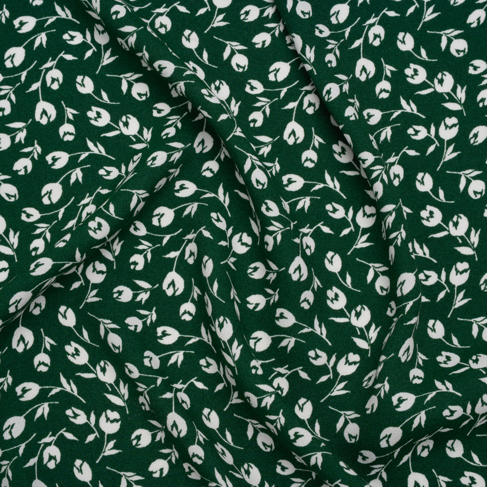 Sustainable Viscose Crepe Print - Forest Green and White Wispy Floral - Designer Deadstock Sustainable Viscose Crepe Print - Forest Green and White Wispy Floral - Designer Deadstock