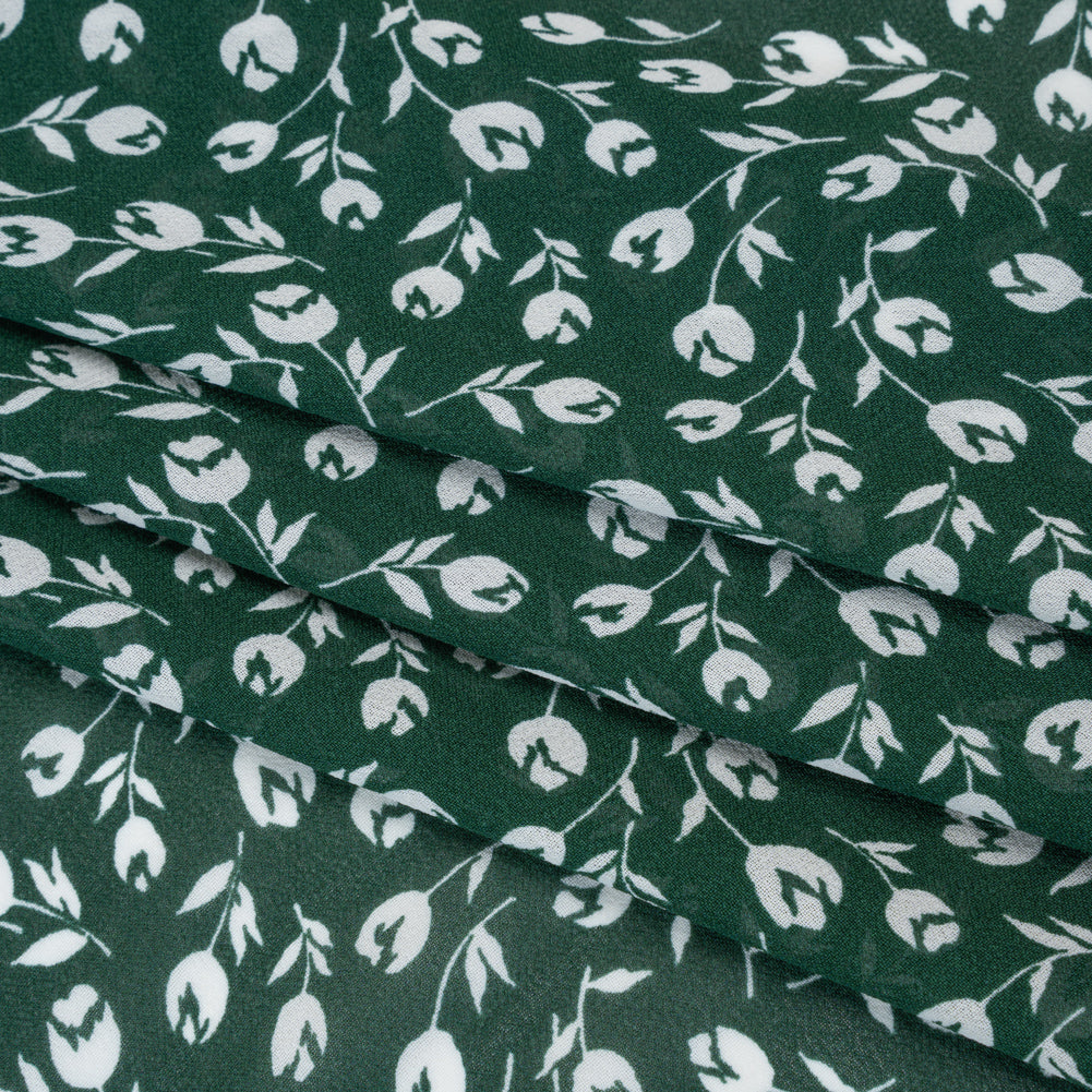 Viscose Georgette Print by The Reformation - Forest Green and White Tulip Floral Illustration - Deadstock - Folded Viscose Georgette Print by The Reformation - Forest Green and White Tulip Floral Illustration - Deadstock - Folded