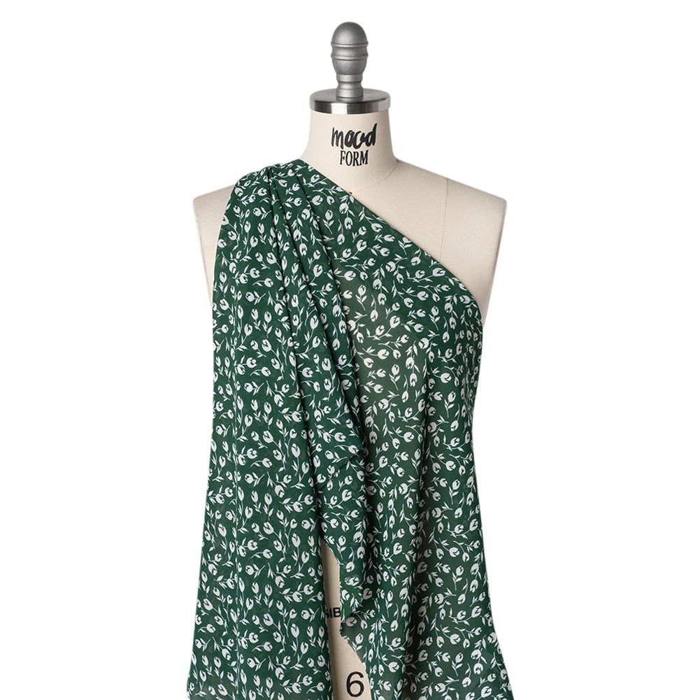 Viscose Georgette Print by The Reformation - Forest Green and White Tulip Floral Illustration - Deadstock - Drape Viscose Georgette Print by The Reformation - Forest Green and White Tulip Floral Illustration - Deadstock - Drape