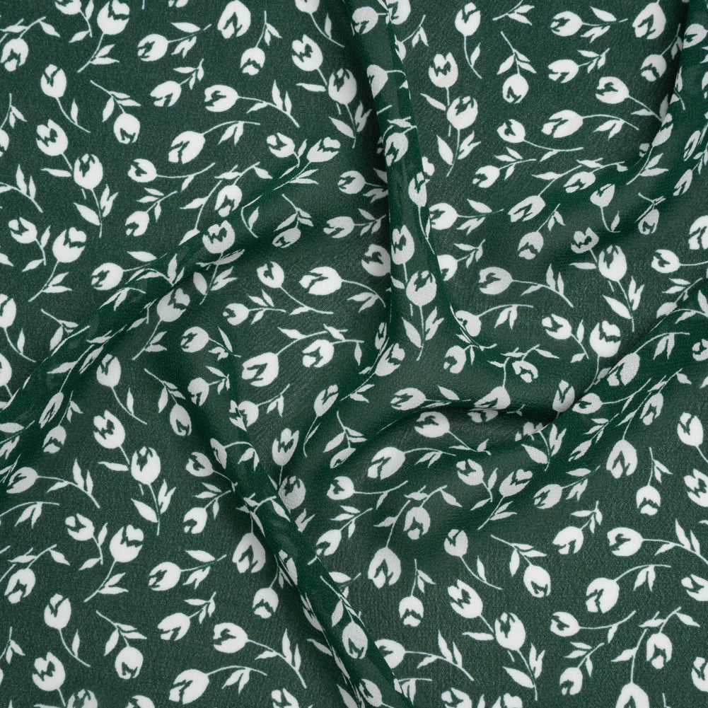 Viscose Georgette Print by The Reformation - Forest Green and White Tulip Floral Illustration - Deadstock Viscose Georgette Print by The Reformation - Forest Green and White Tulip Floral Illustration - Deadstock