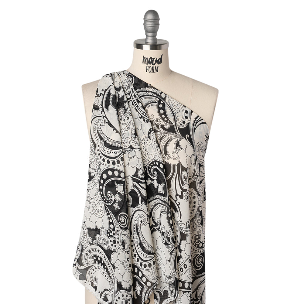 Viscose Georgette Print - Black and Light Cream Abstract Paisley - Designer Deadstock - Drape Viscose Georgette Print - Black and Light Cream Abstract Paisley - Designer Deadstock - Drape