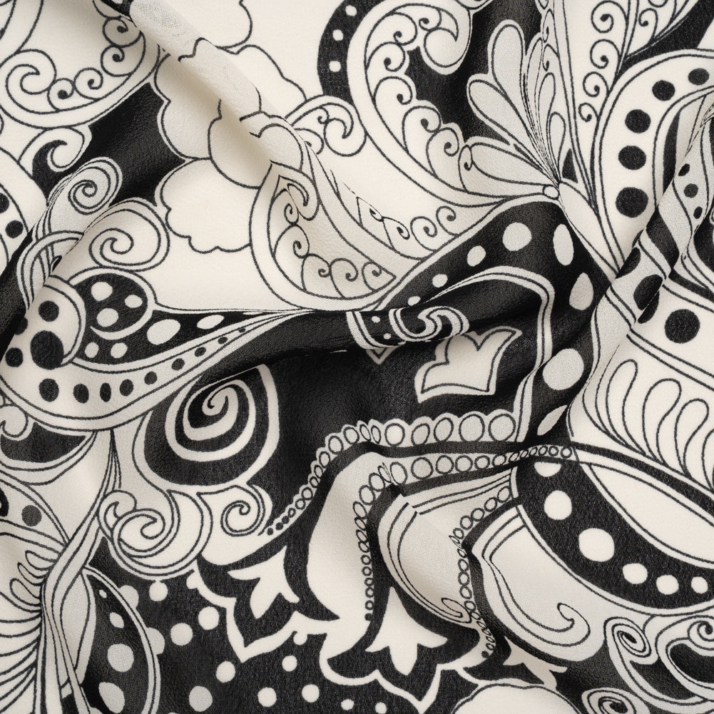 Viscose Georgette Print - Black and Light Cream Abstract Paisley - Designer Deadstock Viscose Georgette Print - Black and Light Cream Abstract Paisley - Designer Deadstock