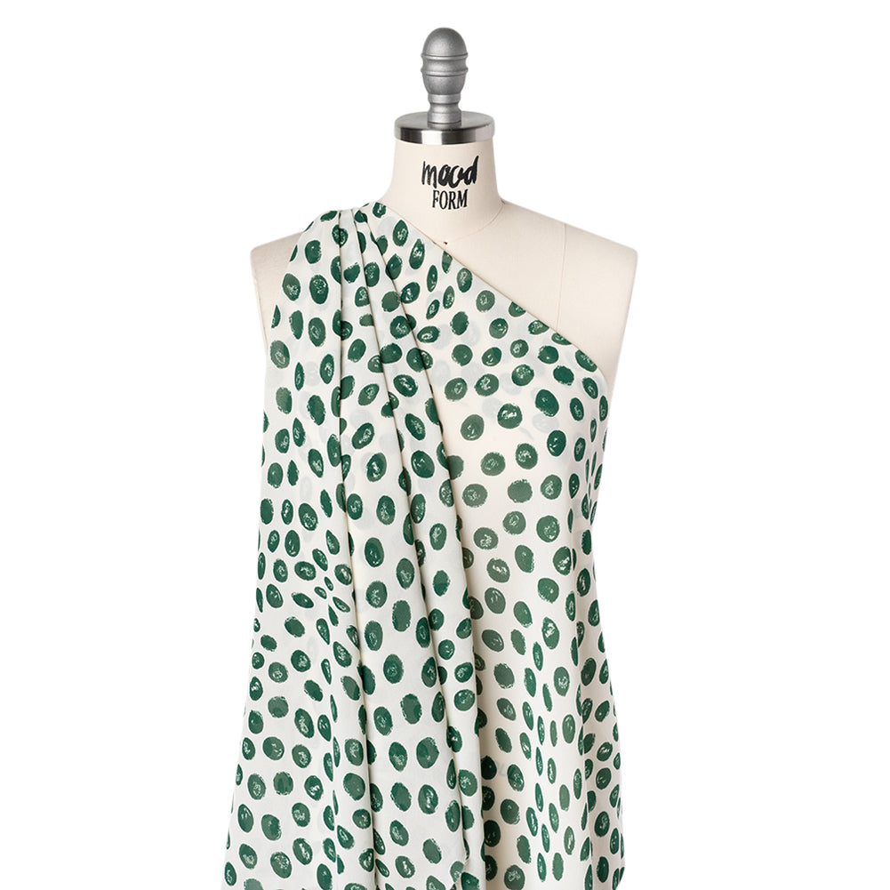 Viscose Georgette Print - Forest Green and Cream Hand-Drawn Spots - Designer Deadstock - Drape Viscose Georgette Print - Forest Green and Cream Hand-Drawn Spots - Designer Deadstock - Drape